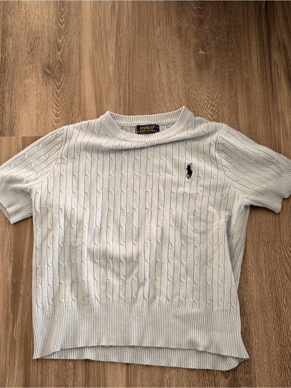 Ralph Lauren Light Blue Cable Knit Short Sleeve Sweater with Navy Pony